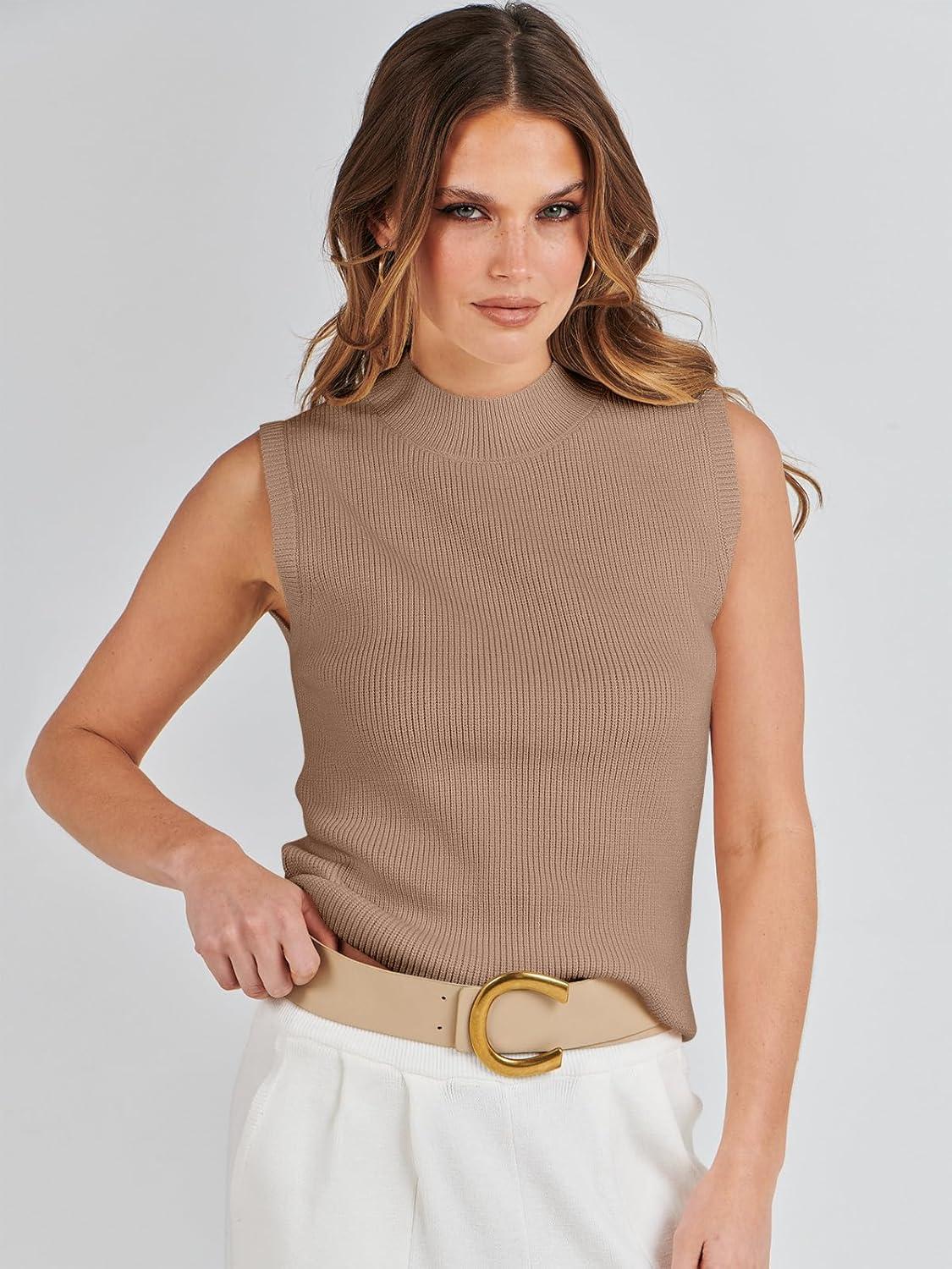imageANRABESS Womens Summer Sleeveless Tops Casual Mock Neck Loose Fit Knit Lightweight Sweater Pullover TopKhaki