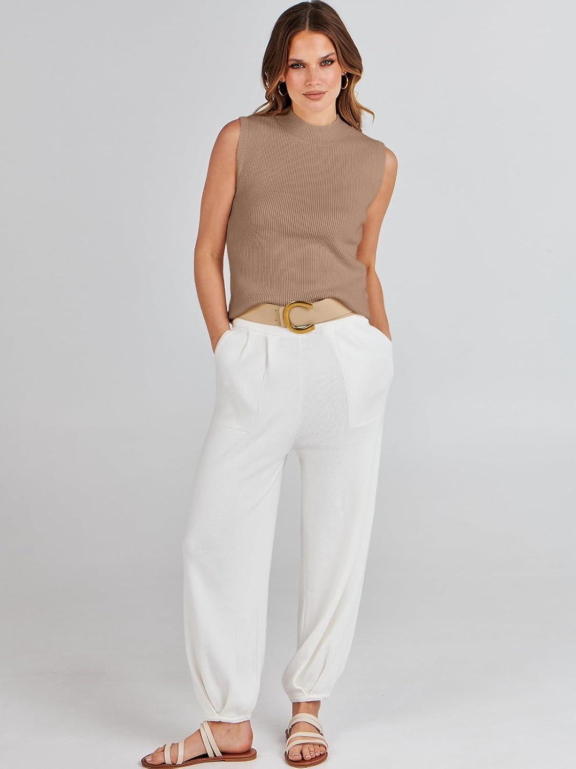 imageANRABESS Womens Summer Sleeveless Tops Casual Mock Neck Loose Fit Knit Lightweight Sweater Pullover TopKhaki