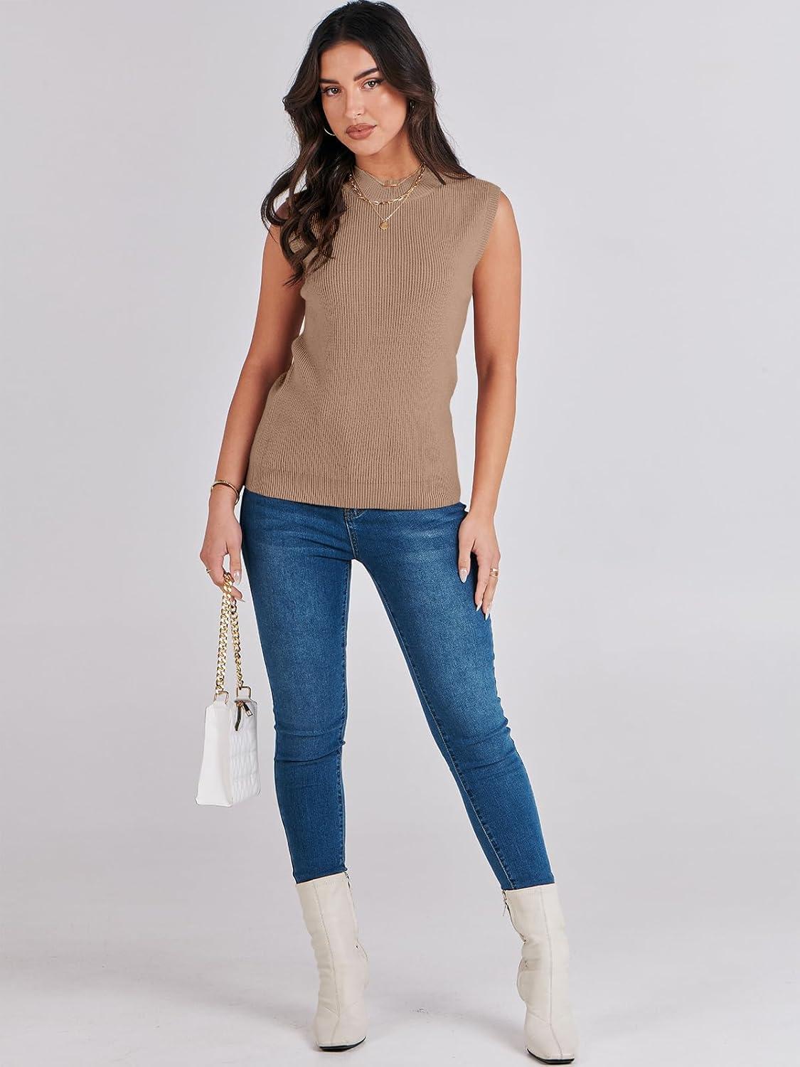 imageANRABESS Womens Summer Sleeveless Tops Casual Mock Neck Loose Fit Knit Lightweight Sweater Pullover TopKhaki