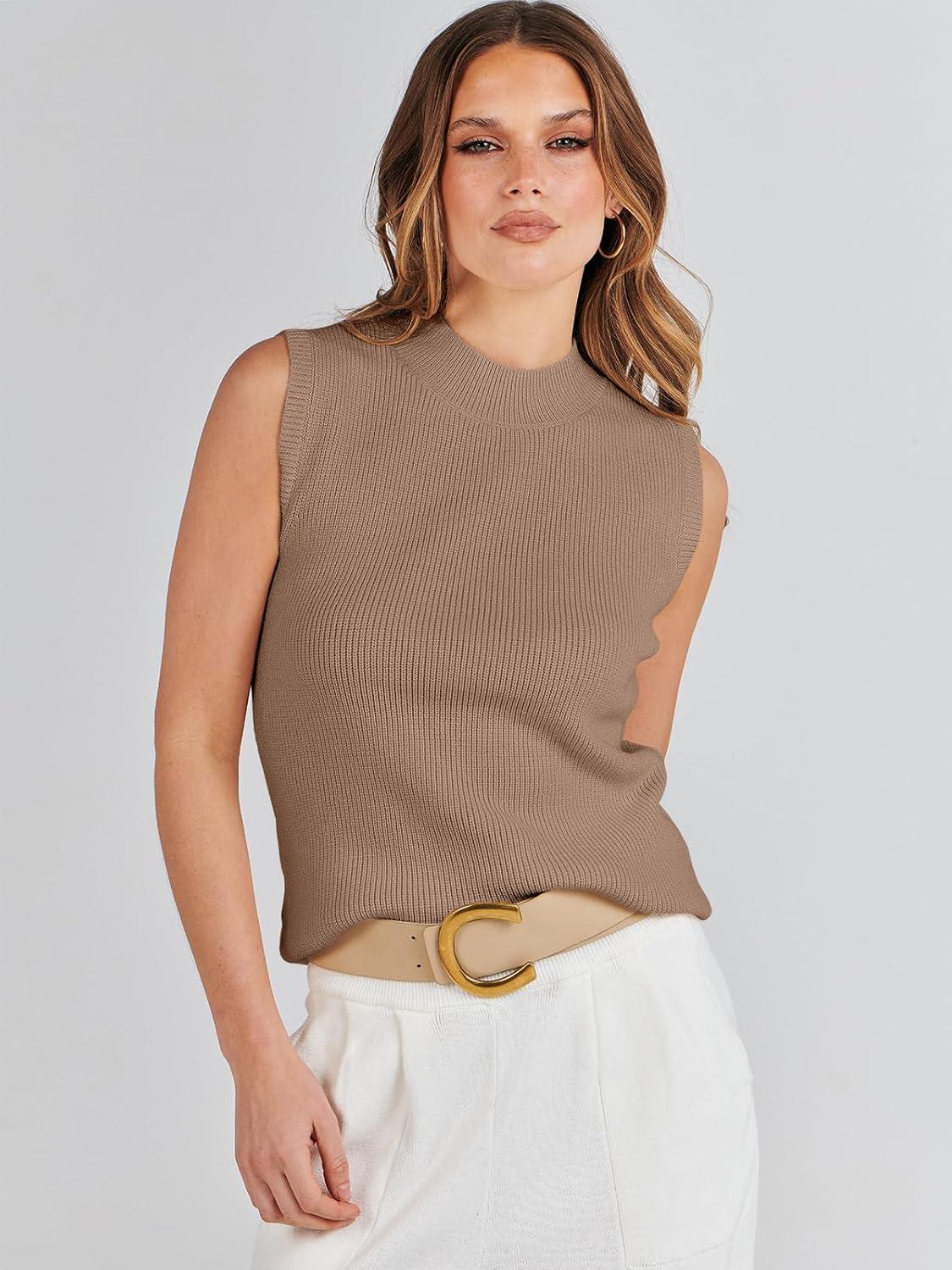 imageANRABESS Womens Summer Sleeveless Tops Casual Mock Neck Loose Fit Knit Lightweight Sweater Pullover TopKhaki