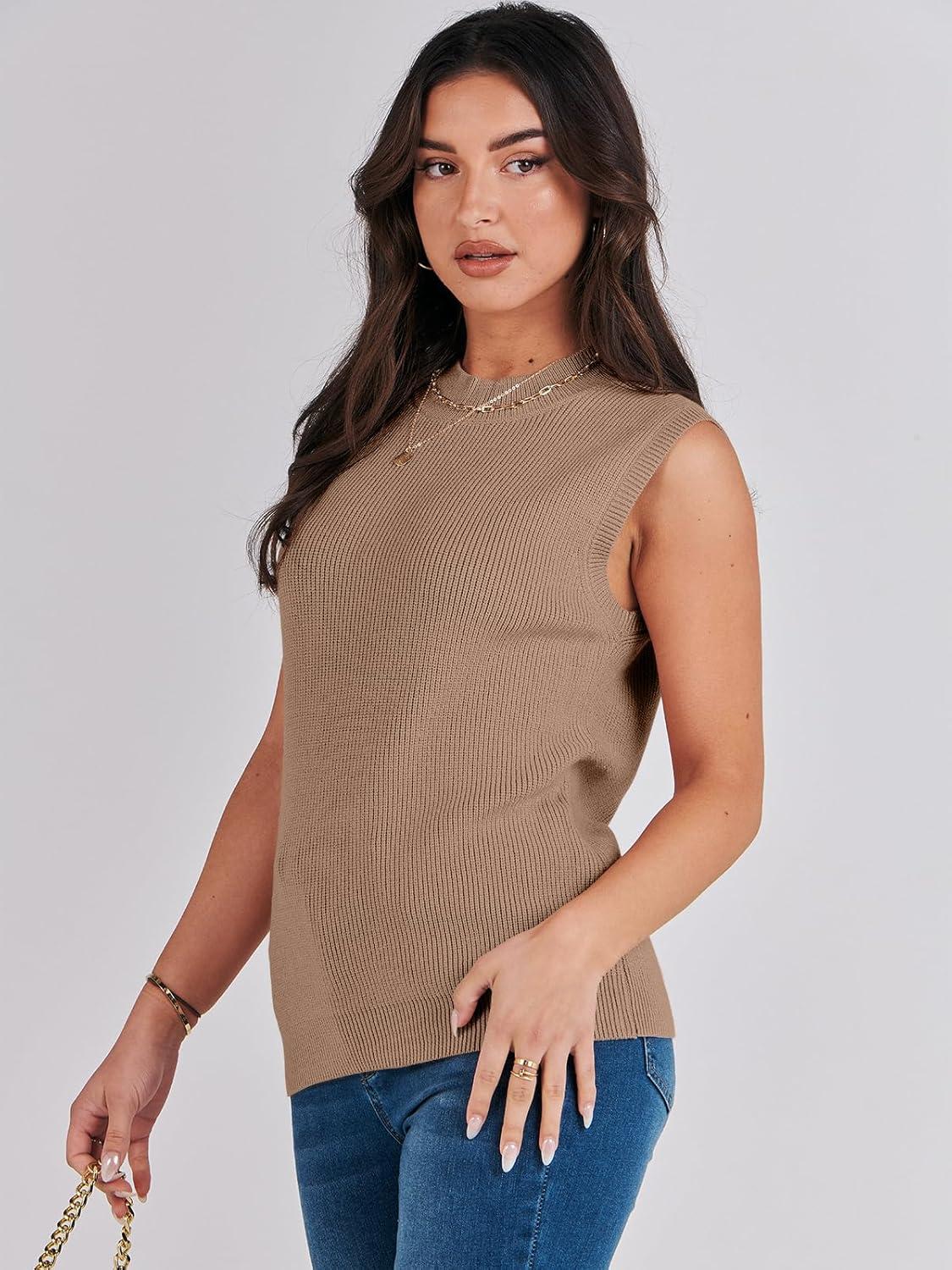imageANRABESS Womens Summer Sleeveless Tops Casual Mock Neck Loose Fit Knit Lightweight Sweater Pullover TopKhaki