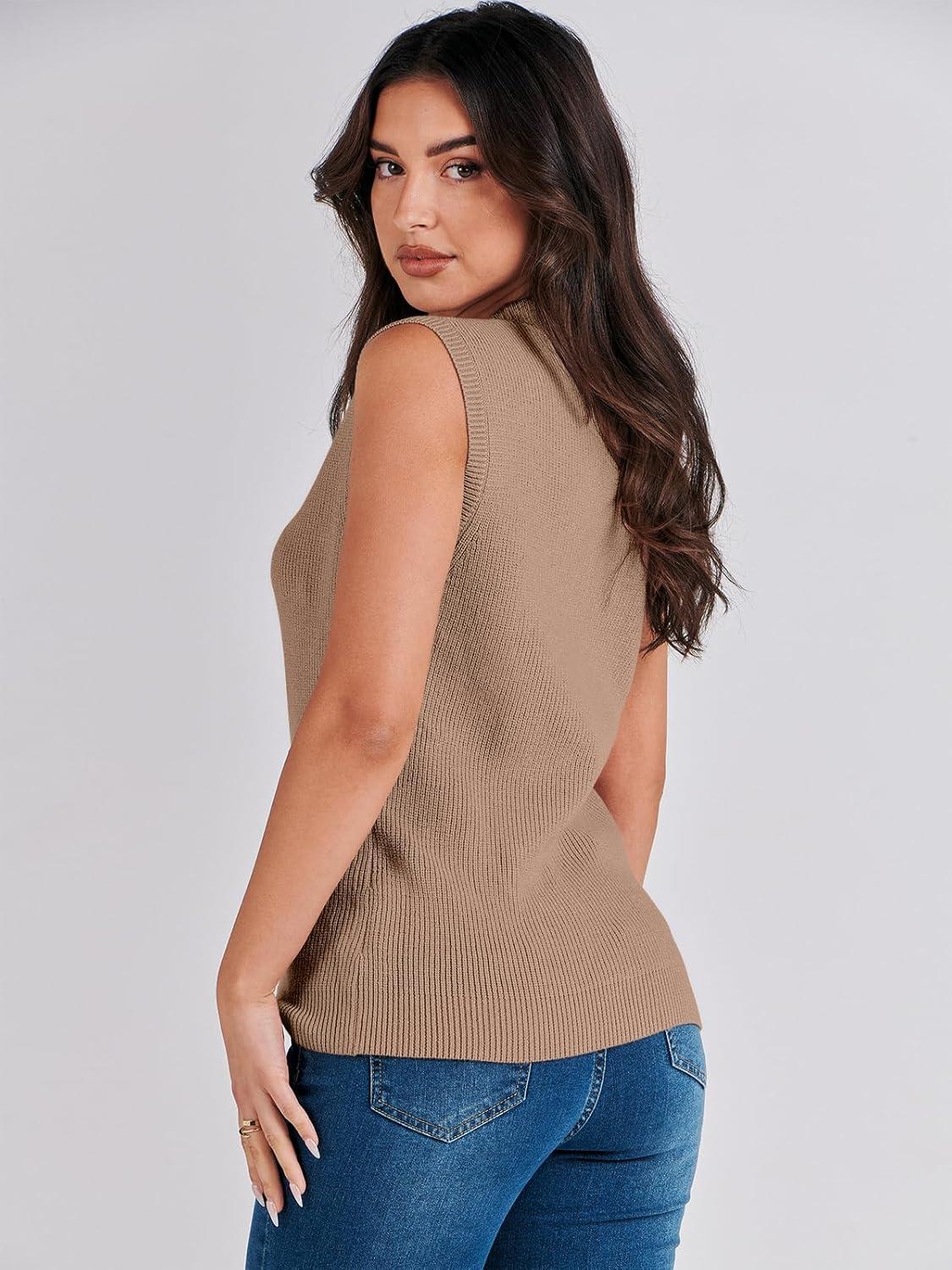 imageANRABESS Womens Summer Sleeveless Tops Casual Mock Neck Loose Fit Knit Lightweight Sweater Pullover TopKhaki