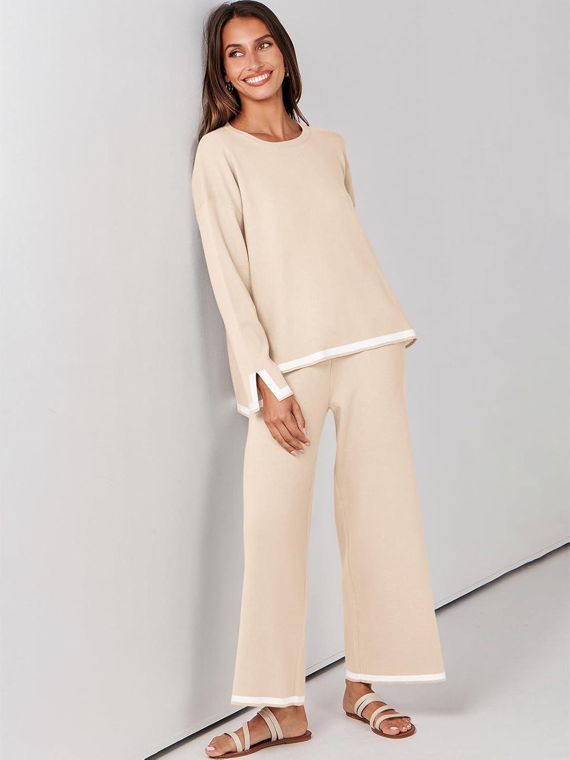 imageANRABESS Womens Two Piece Outfits Knit Pullover Sweater Tops ampamp Wide leg Pants Lounge Matching Sweatsuit Tracksuits SetsBeige