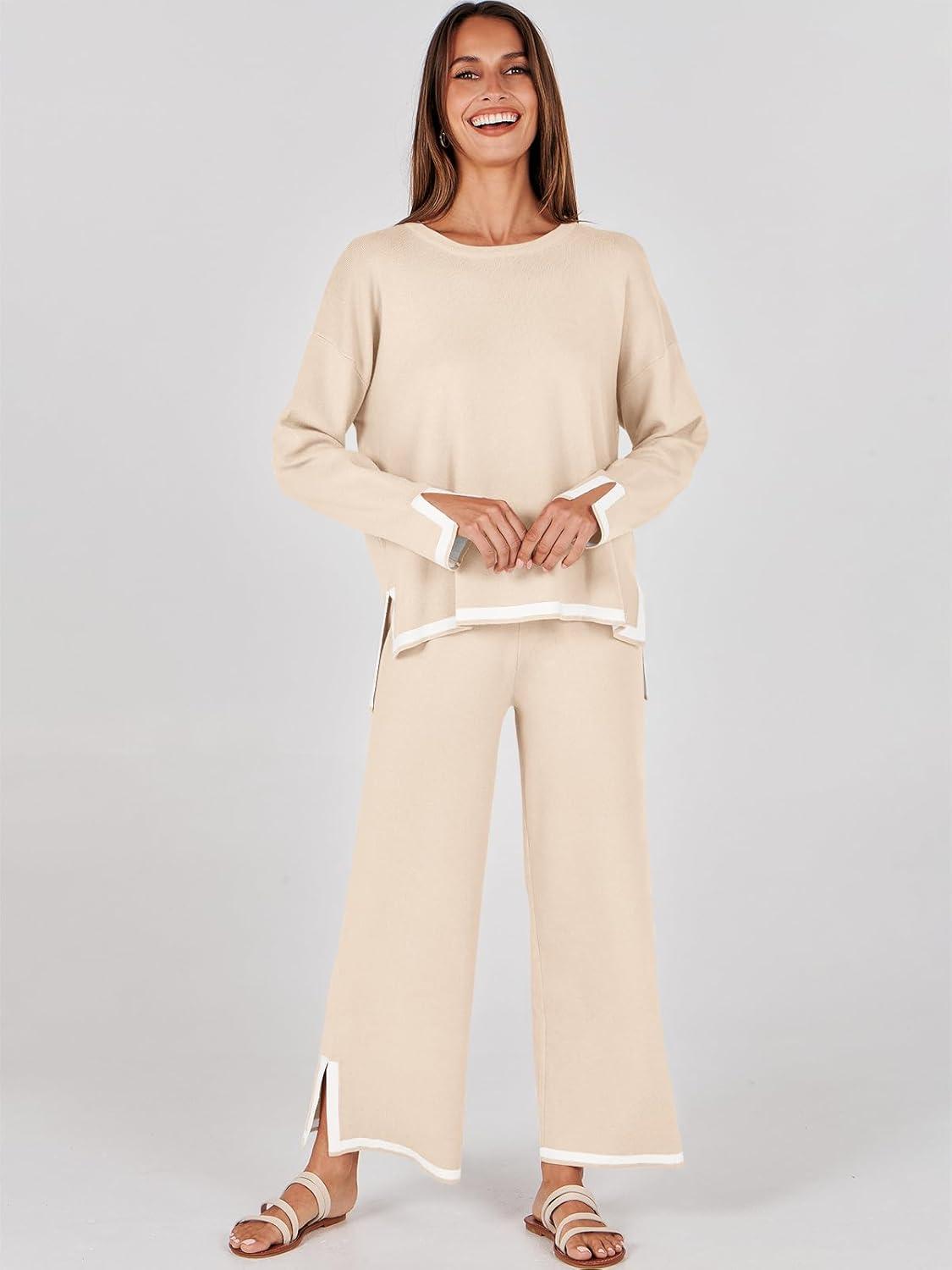 imageANRABESS Womens Two Piece Outfits Knit Pullover Sweater Tops ampamp Wide leg Pants Lounge Matching Sweatsuit Tracksuits SetsBeige