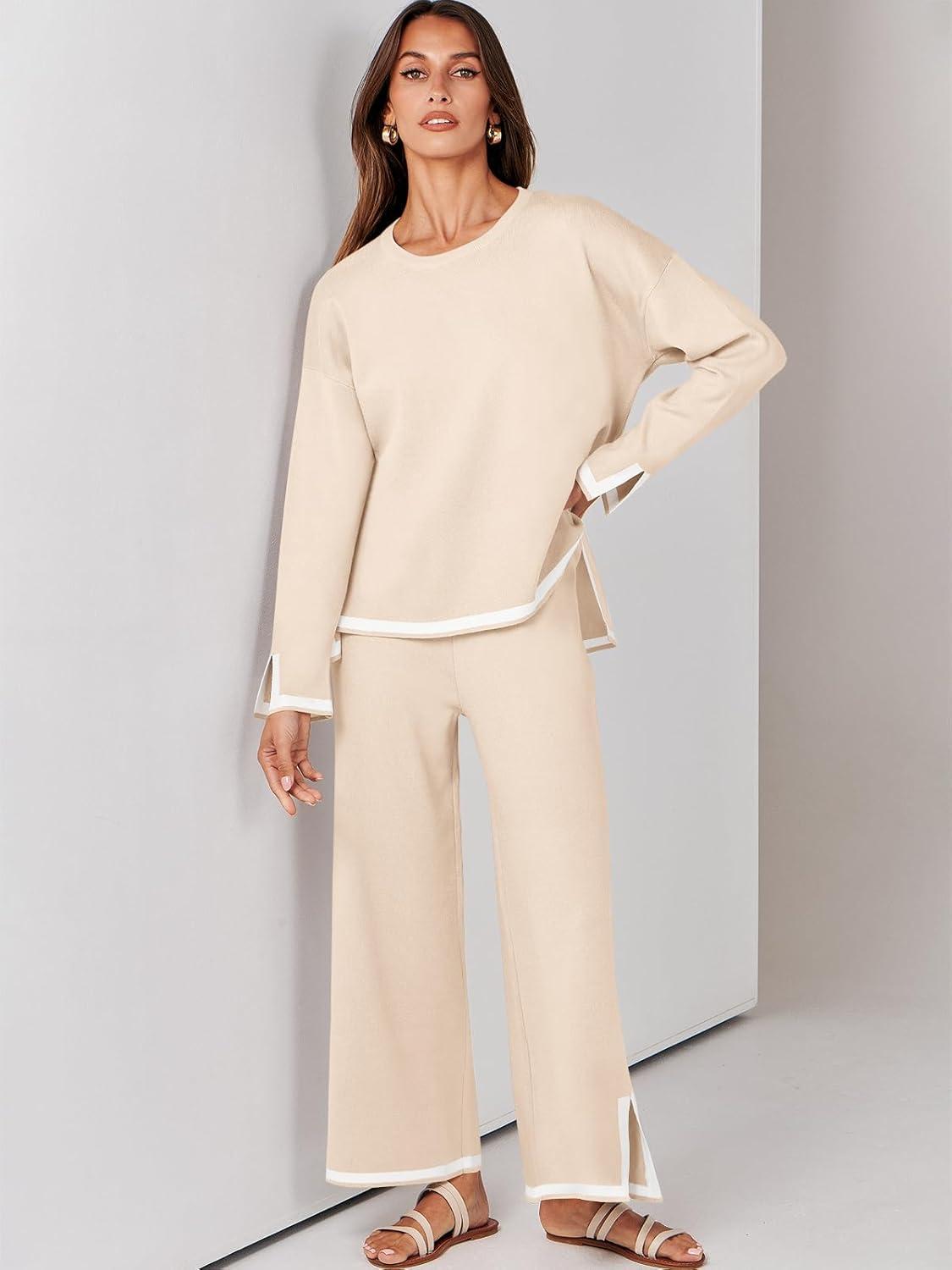 imageANRABESS Womens Two Piece Outfits Knit Pullover Sweater Tops ampamp Wide leg Pants Lounge Matching Sweatsuit Tracksuits SetsBeige