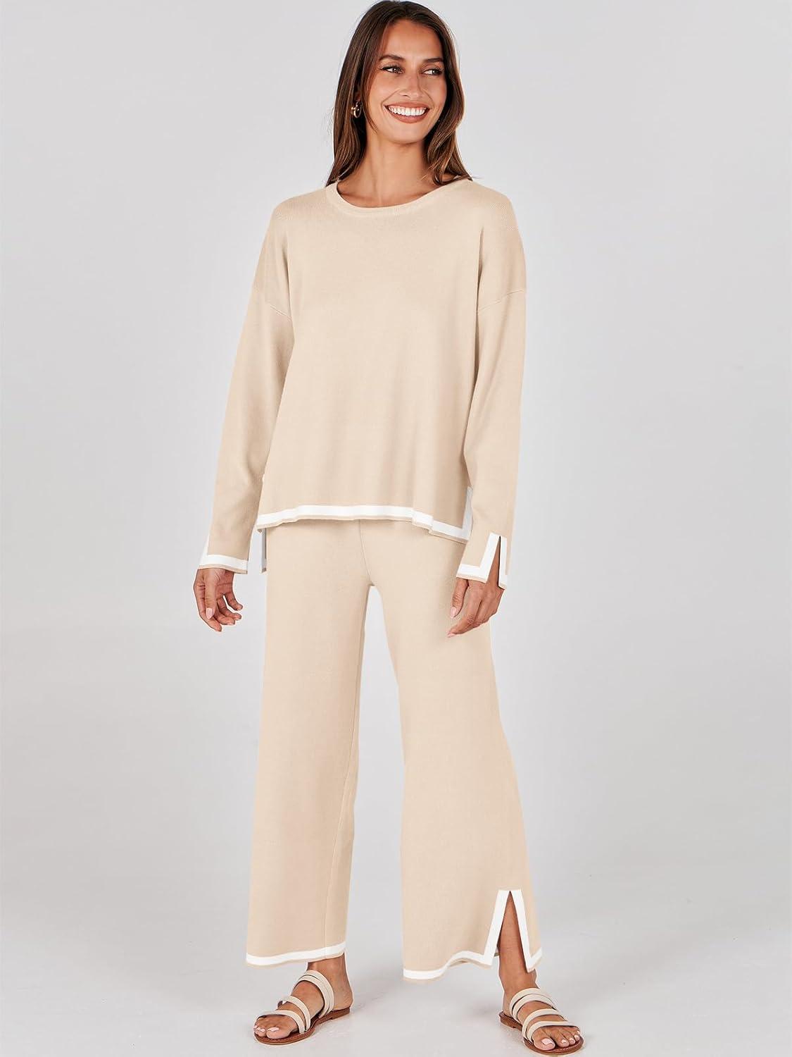 imageANRABESS Womens Two Piece Outfits Knit Pullover Sweater Tops ampamp Wide leg Pants Lounge Matching Sweatsuit Tracksuits SetsBeige