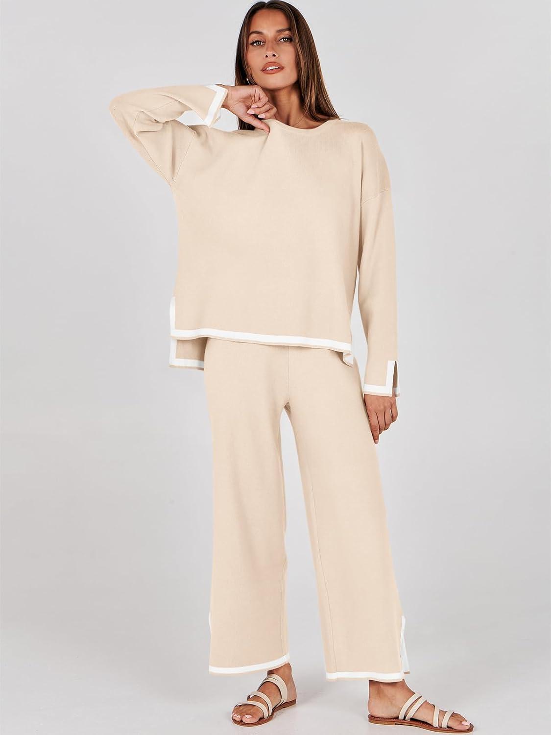 imageANRABESS Womens Two Piece Outfits Knit Pullover Sweater Tops ampamp Wide leg Pants Lounge Matching Sweatsuit Tracksuits SetsBeige