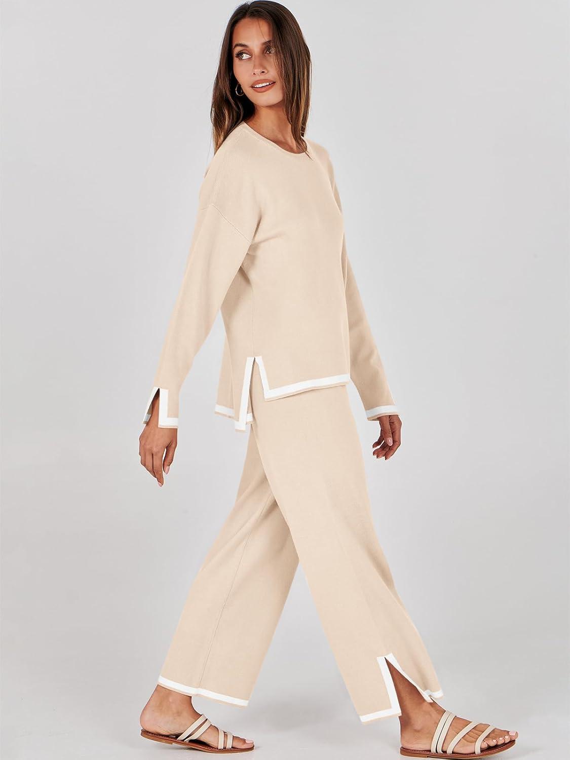 imageANRABESS Womens Two Piece Outfits Knit Pullover Sweater Tops ampamp Wide leg Pants Lounge Matching Sweatsuit Tracksuits SetsBeige