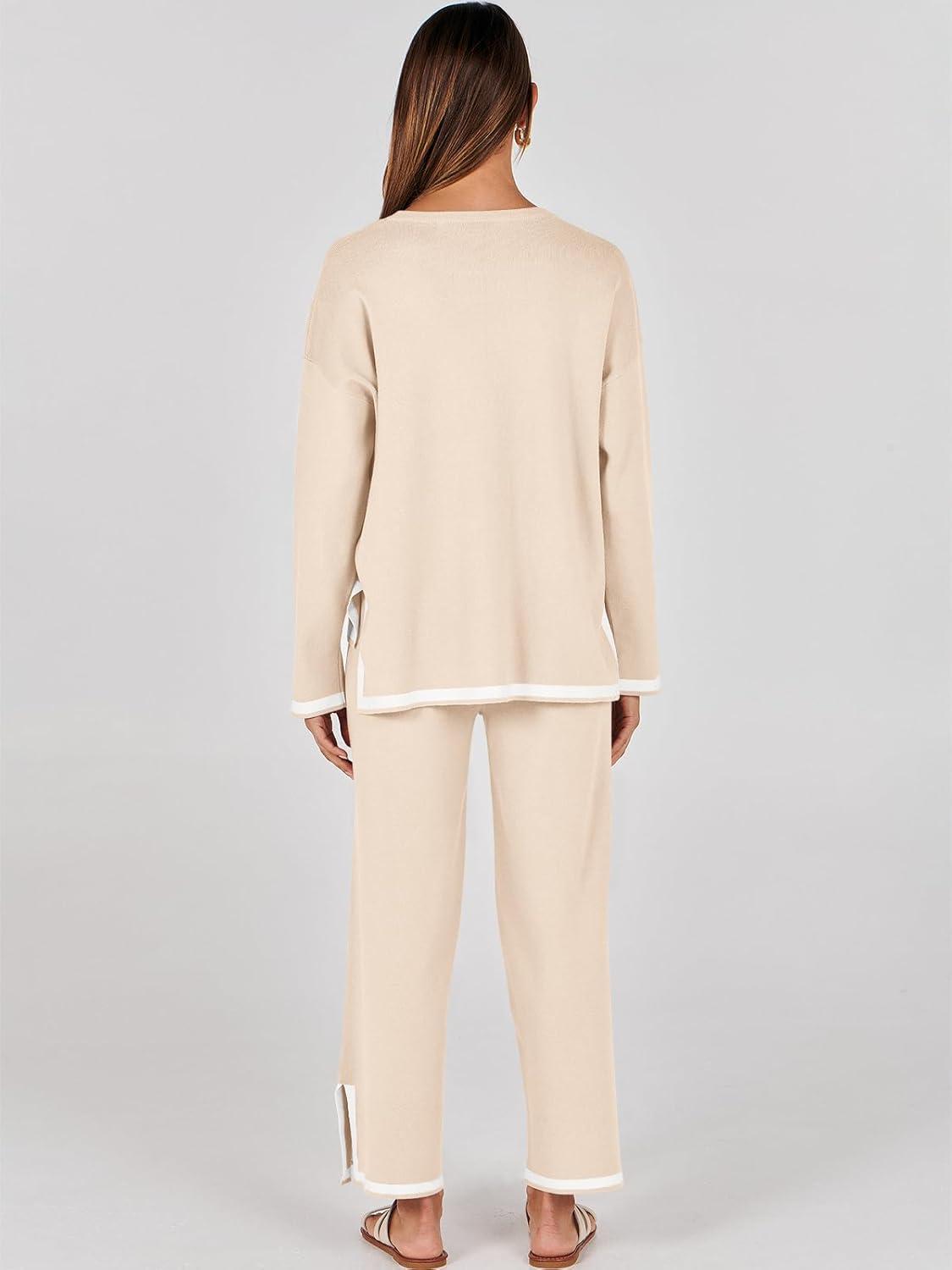 imageANRABESS Womens Two Piece Outfits Knit Pullover Sweater Tops ampamp Wide leg Pants Lounge Matching Sweatsuit Tracksuits SetsBeige