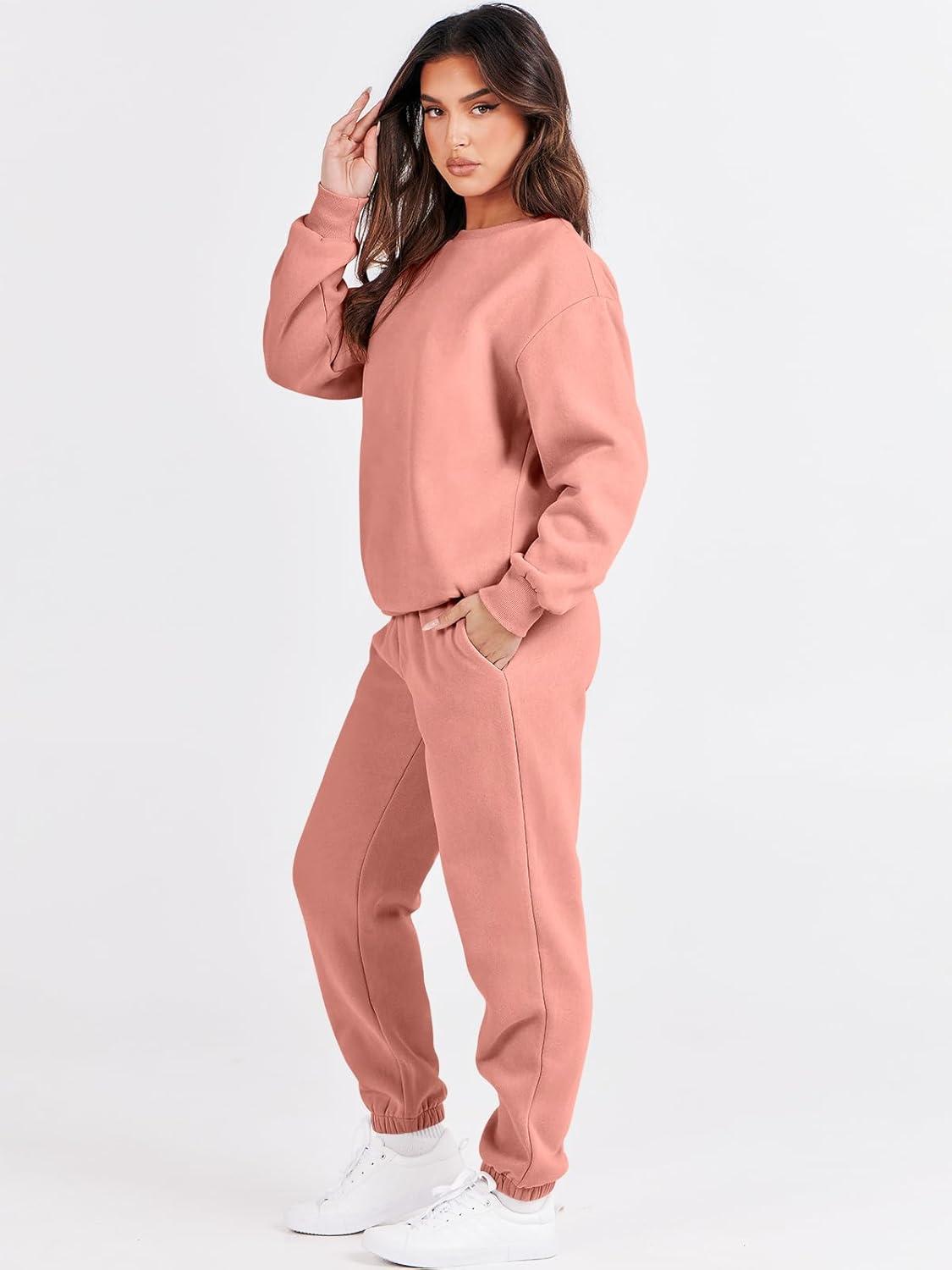 imageANRABESS Womens Two Piece Outfits Sweatsuit Lounge Set Long Sleeve Crewneck Sweatshirt Jogger Pants Tracksuit 2025 Fall SetsDark Pink
