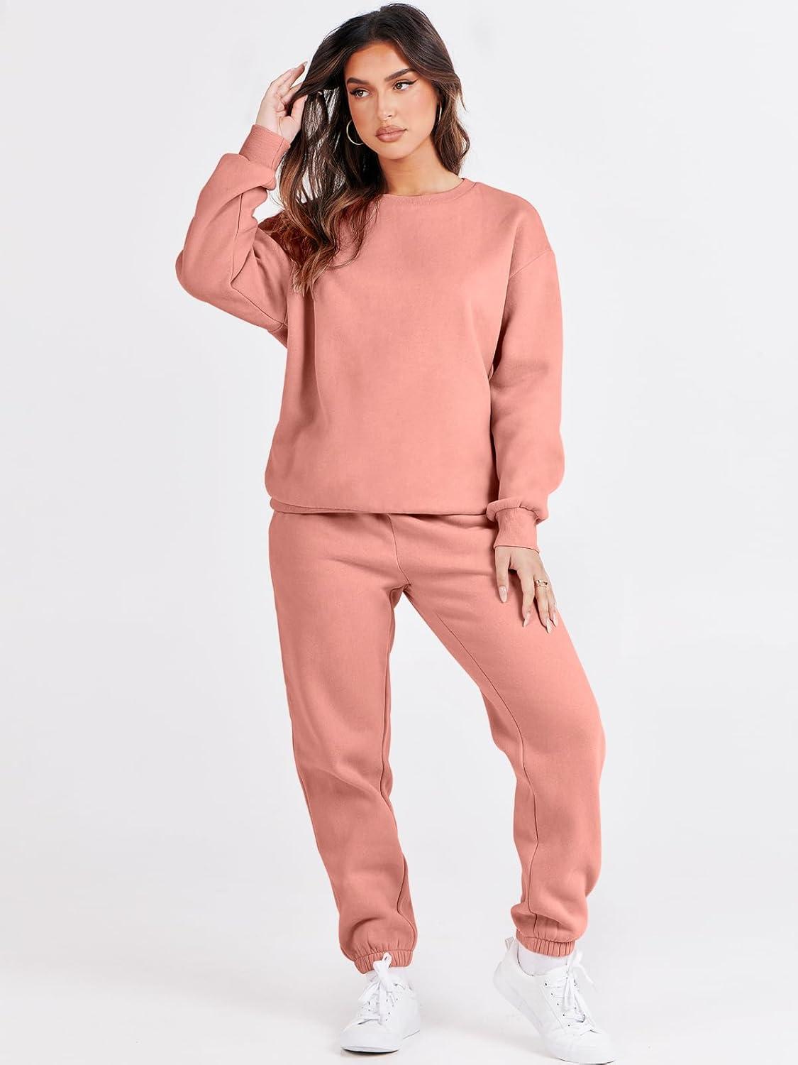 imageANRABESS Womens Two Piece Outfits Sweatsuit Lounge Set Long Sleeve Crewneck Sweatshirt Jogger Pants Tracksuit 2025 Fall SetsDark Pink