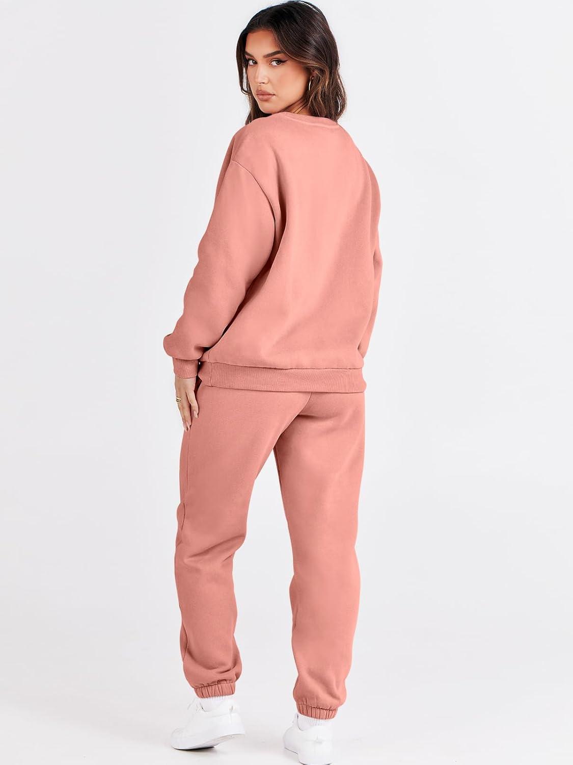 imageANRABESS Womens Two Piece Outfits Sweatsuit Lounge Set Long Sleeve Crewneck Sweatshirt Jogger Pants Tracksuit 2025 Fall SetsDark Pink