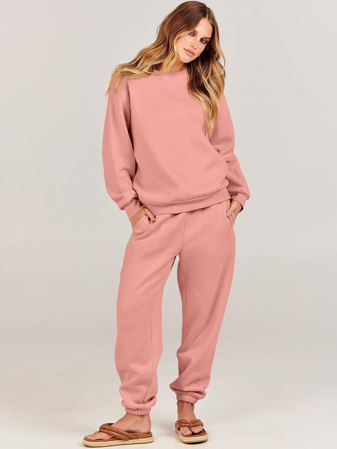 imageANRABESS Womens Two Piece Outfits Sweatsuit Lounge Set Long Sleeve Crewneck Sweatshirt Jogger Pants Tracksuit 2025 Fall SetsDark Pink