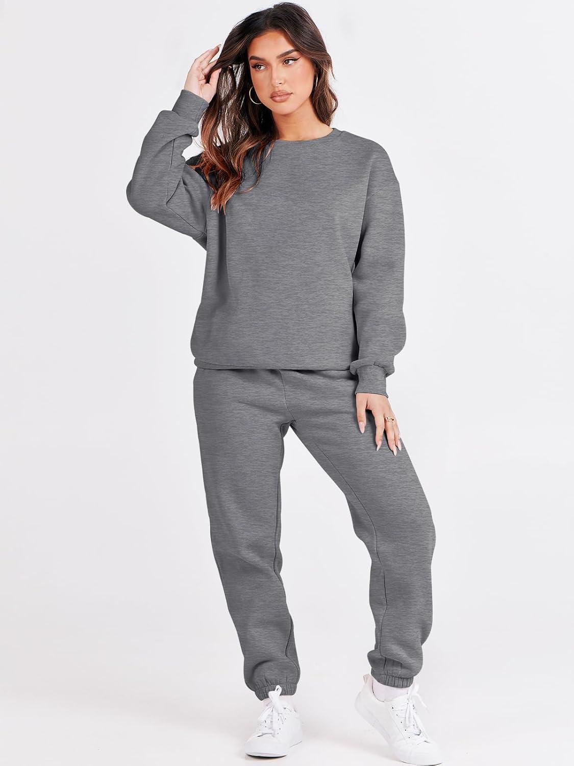 imageANRABESS Womens Two Piece Outfits Sweatsuit Lounge Set Long Sleeve Crewneck Sweatshirt Jogger Pants Tracksuit 2025 Fall SetsDeep Grey
