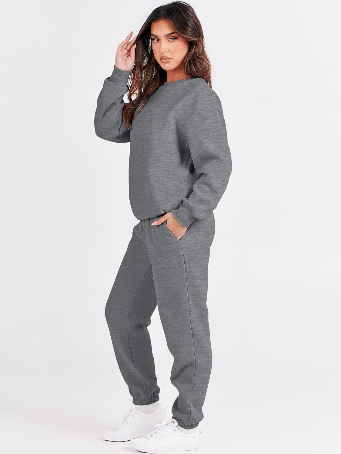 imageANRABESS Womens Two Piece Outfits Sweatsuit Lounge Set Long Sleeve Crewneck Sweatshirt Jogger Pants Tracksuit 2025 Fall SetsDeep Grey