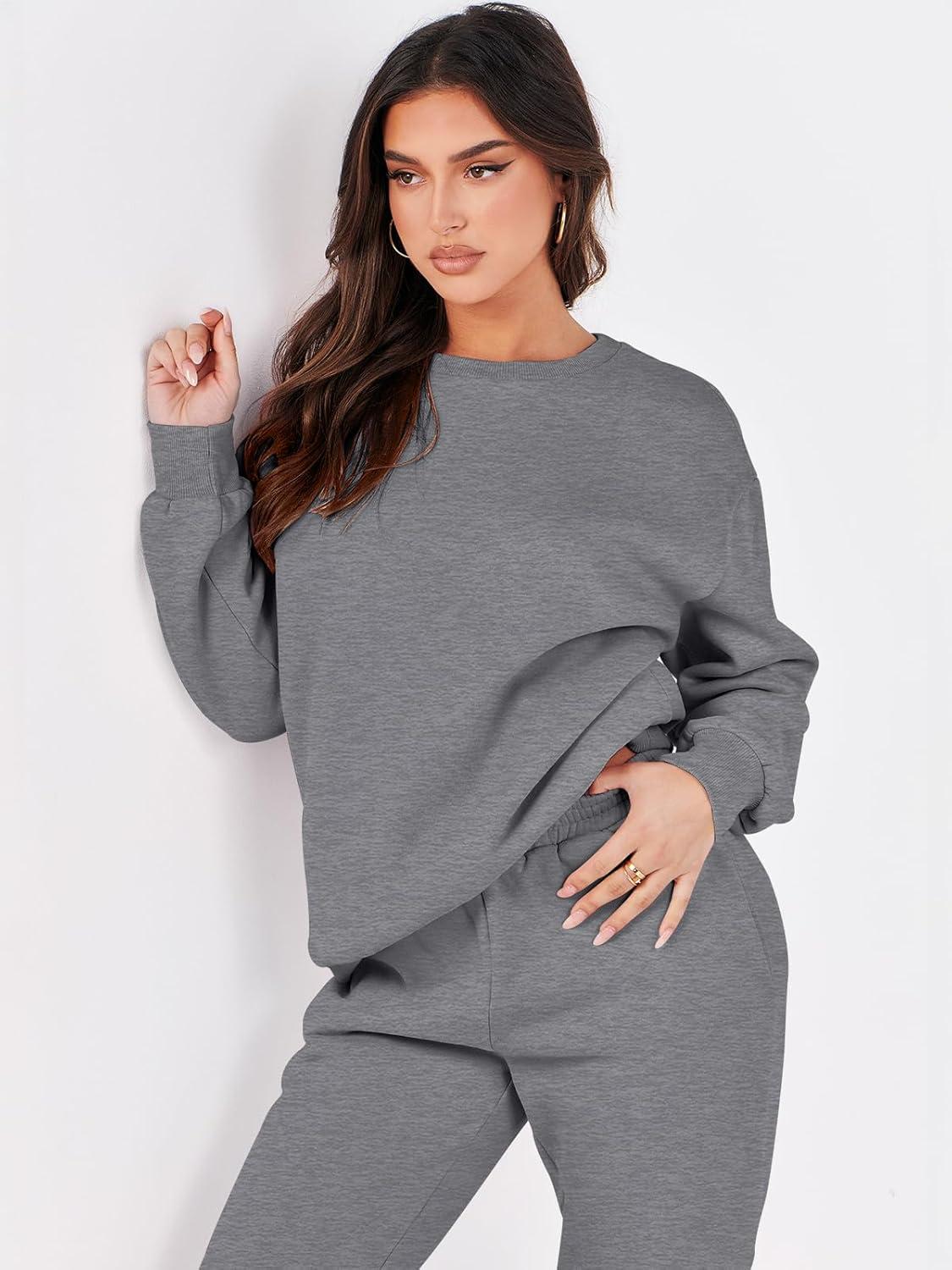imageANRABESS Womens Two Piece Outfits Sweatsuit Lounge Set Long Sleeve Crewneck Sweatshirt Jogger Pants Tracksuit 2025 Fall SetsDeep Grey