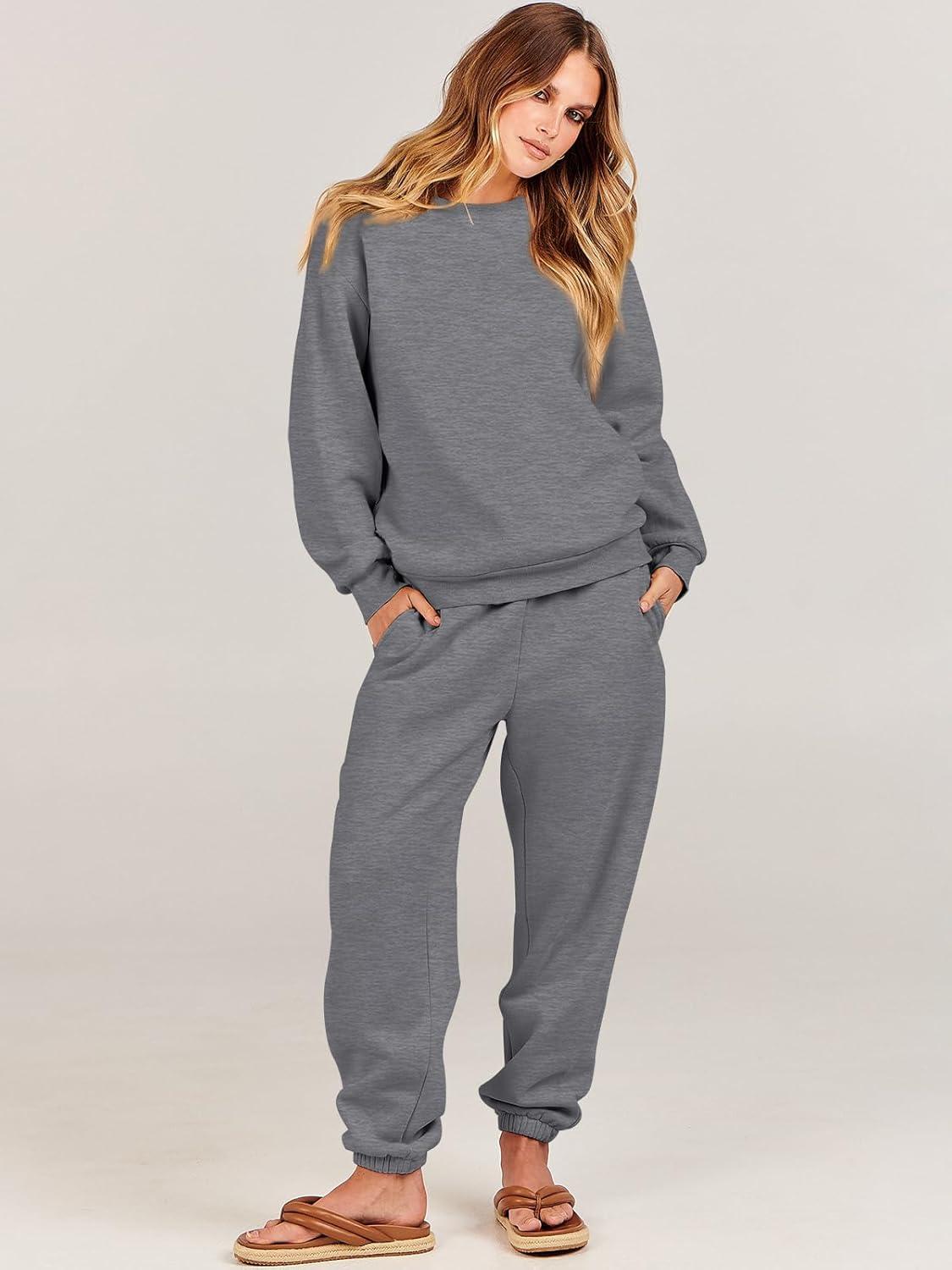 imageANRABESS Womens Two Piece Outfits Sweatsuit Lounge Set Long Sleeve Crewneck Sweatshirt Jogger Pants Tracksuit 2025 Fall SetsDeep Grey