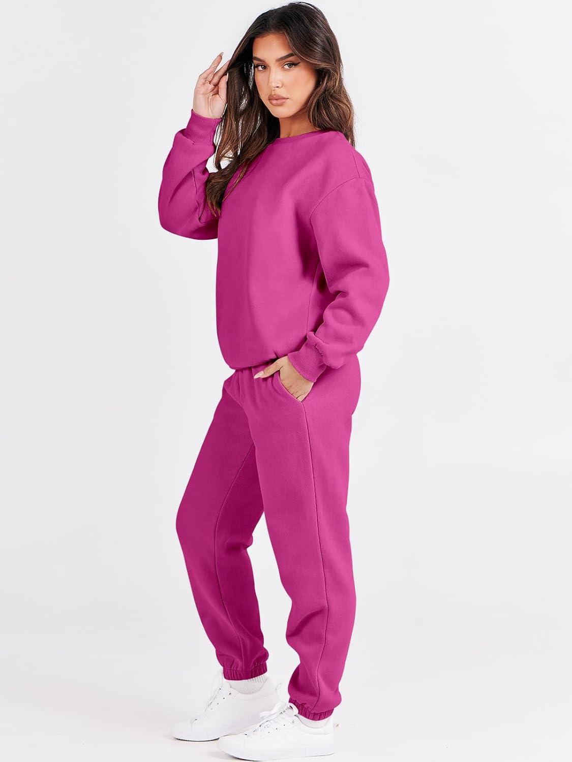 imageANRABESS Womens Two Piece Outfits Sweatsuit Lounge Set Long Sleeve Crewneck Sweatshirt Jogger Pants Tracksuit 2025 Fall SetsHot Pink