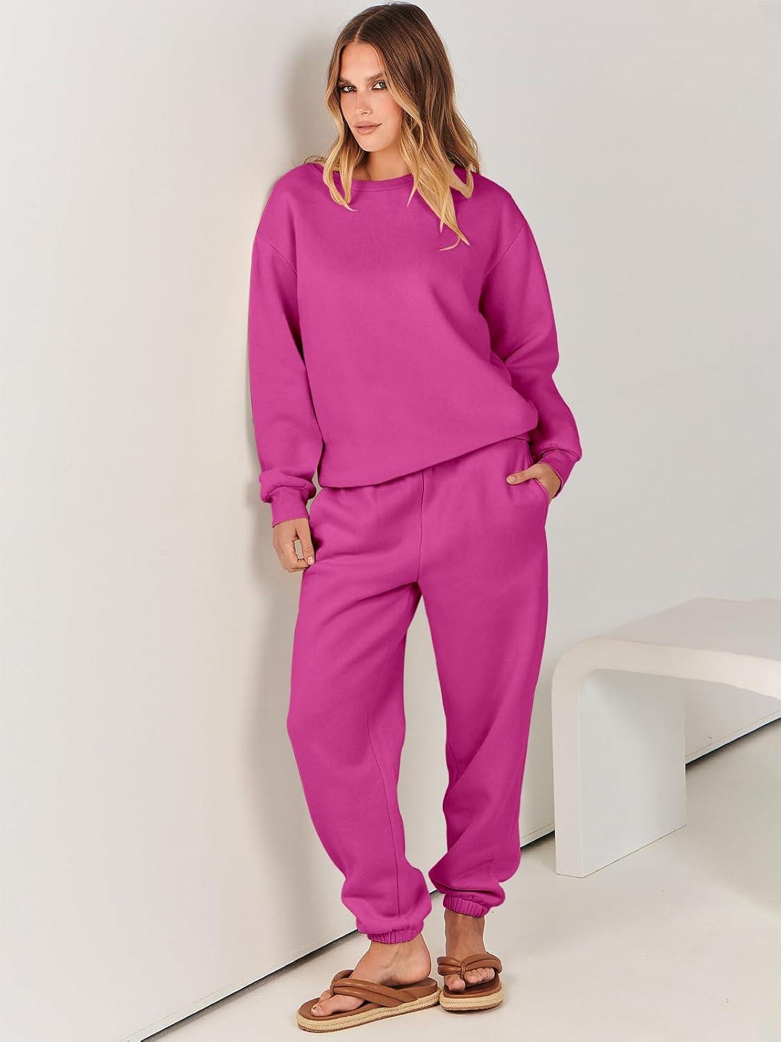 imageANRABESS Womens Two Piece Outfits Sweatsuit Lounge Set Long Sleeve Crewneck Sweatshirt Jogger Pants Tracksuit 2025 Fall SetsHot Pink