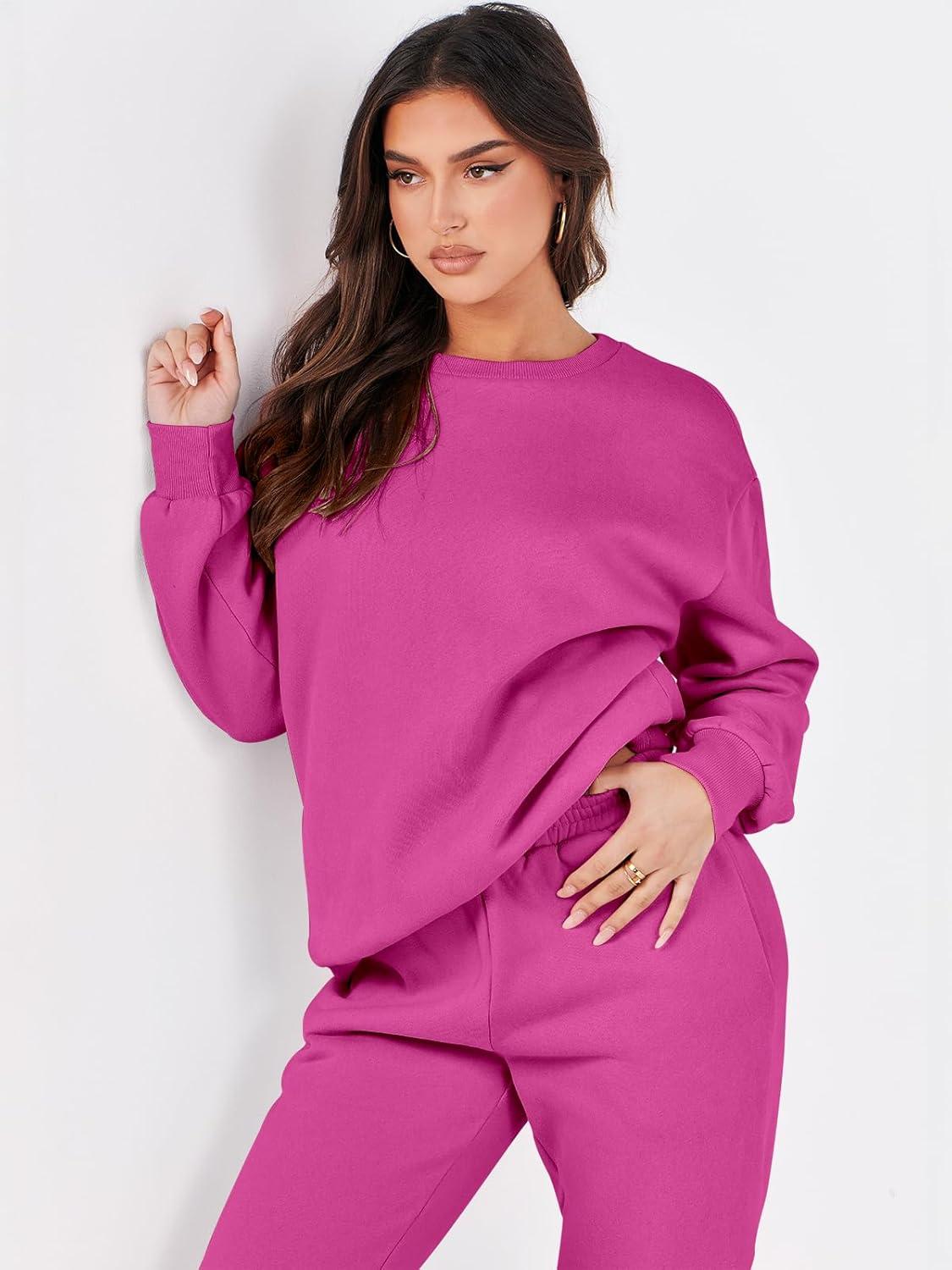 imageANRABESS Womens Two Piece Outfits Sweatsuit Lounge Set Long Sleeve Crewneck Sweatshirt Jogger Pants Tracksuit 2025 Fall SetsHot Pink
