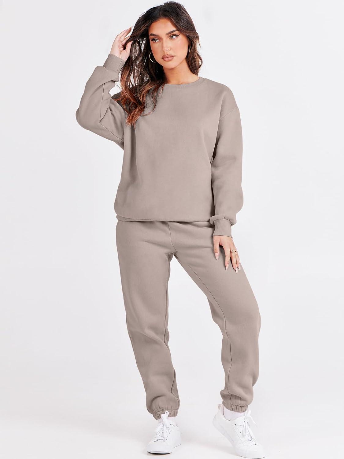imageANRABESS Womens Two Piece Outfits Sweatsuit Lounge Set Long Sleeve Crewneck Sweatshirt Jogger Pants Tracksuit 2025 Fall SetsLight Khaki