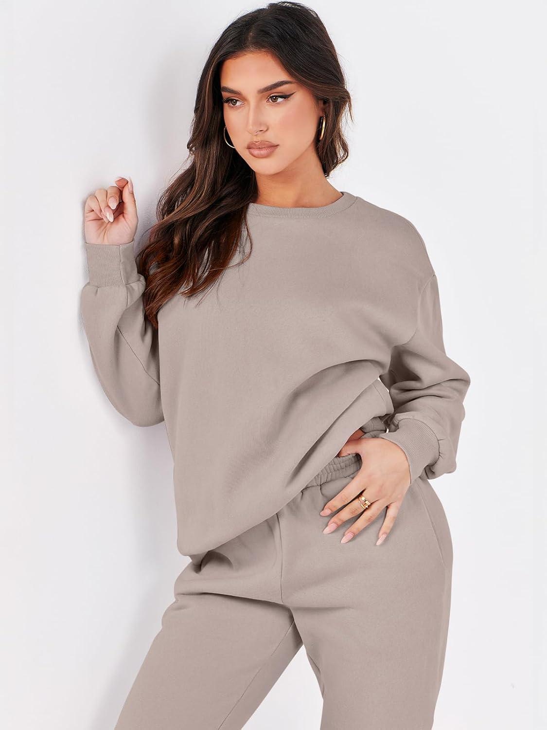 imageANRABESS Womens Two Piece Outfits Sweatsuit Lounge Set Long Sleeve Crewneck Sweatshirt Jogger Pants Tracksuit 2025 Fall SetsLight Khaki