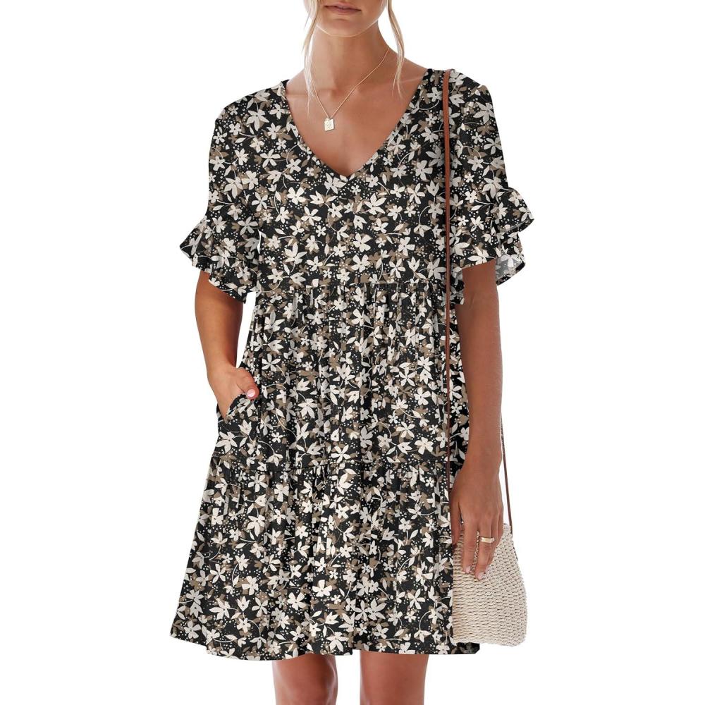 imageANRABESS Dresses for Women Summer 2025 V Neck Ruffle Sleeve A Line Tiered Flowy Casual Trendy Mini Beach Dress with PocketsBlack White Floral