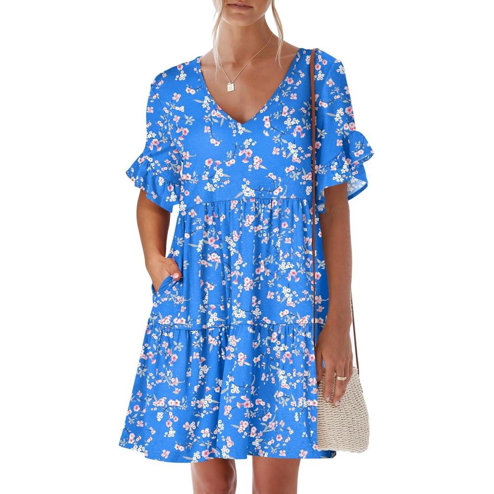 imageANRABESS Dresses for Women Summer 2025 V Neck Ruffle Sleeve A Line Tiered Flowy Casual Trendy Mini Beach Dress with PocketsBlue Pink Floral