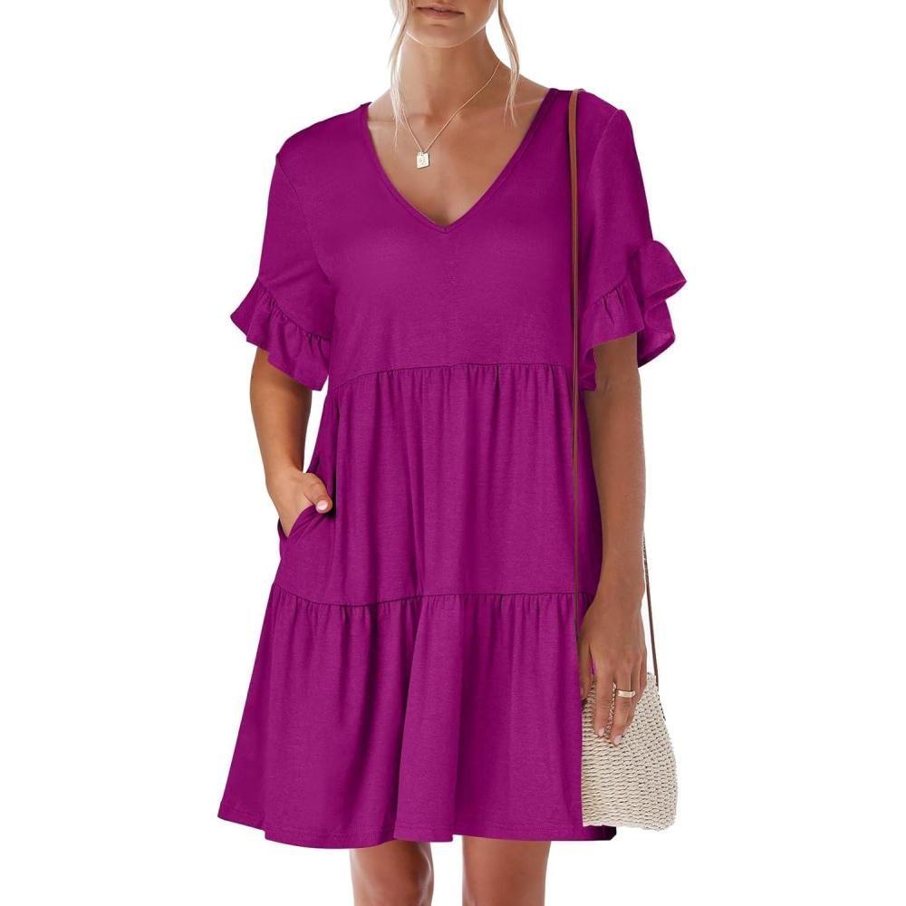 imageANRABESS Dresses for Women Summer 2025 V Neck Ruffle Sleeve A Line Tiered Flowy Casual Trendy Mini Beach Dress with PocketsFuchsia