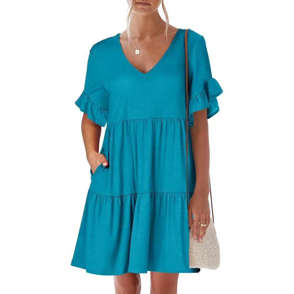 imageANRABESS Dresses for Women Summer 2025 V Neck Ruffle Sleeve A Line Tiered Flowy Casual Trendy Mini Beach Dress with PocketsLake Blue