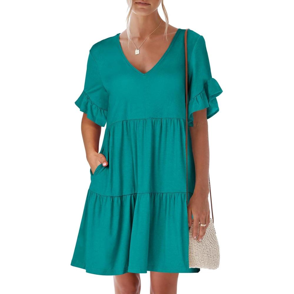 imageANRABESS Dresses for Women Summer 2025 V Neck Ruffle Sleeve A Line Tiered Flowy Casual Trendy Mini Beach Dress with PocketsLake Green