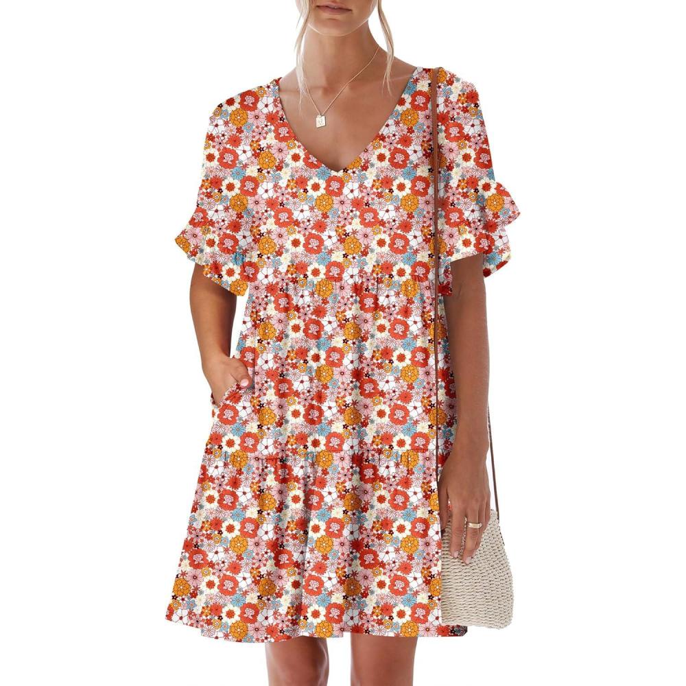 imageANRABESS Dresses for Women Summer 2025 V Neck Ruffle Sleeve A Line Tiered Flowy Casual Trendy Mini Beach Dress with PocketsOrange Floral