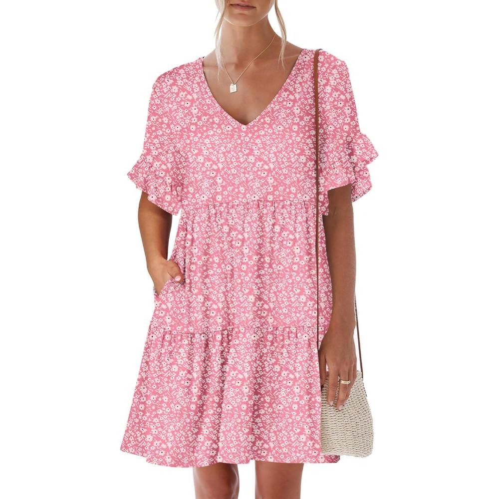 imageANRABESS Dresses for Women Summer 2025 V Neck Ruffle Sleeve A Line Tiered Flowy Casual Trendy Mini Beach Dress with PocketsPink Floral