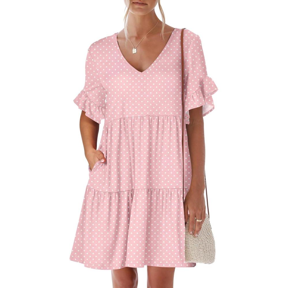 imageANRABESS Dresses for Women Summer 2025 V Neck Ruffle Sleeve A Line Tiered Flowy Casual Trendy Mini Beach Dress with PocketsPink Round Dot