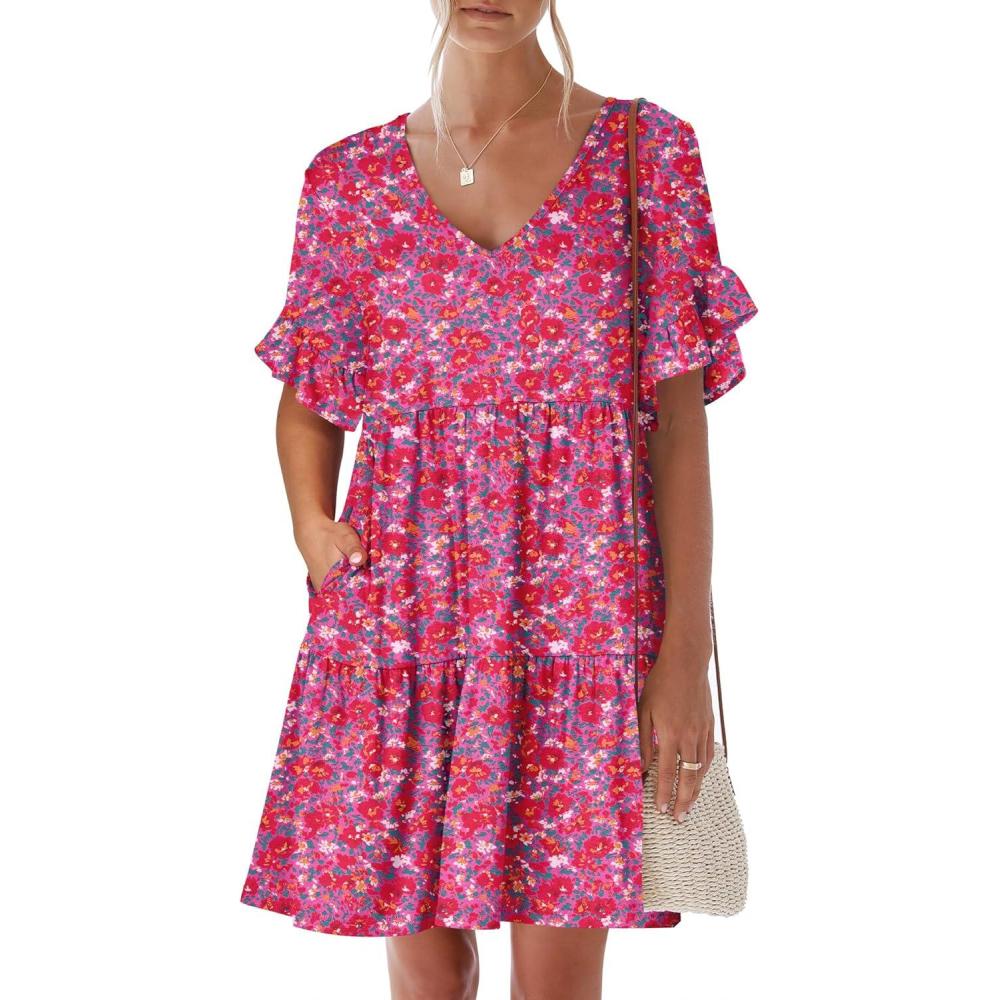 imageANRABESS Dresses for Women Summer 2025 V Neck Ruffle Sleeve A Line Tiered Flowy Casual Trendy Mini Beach Dress with PocketsRed Floral