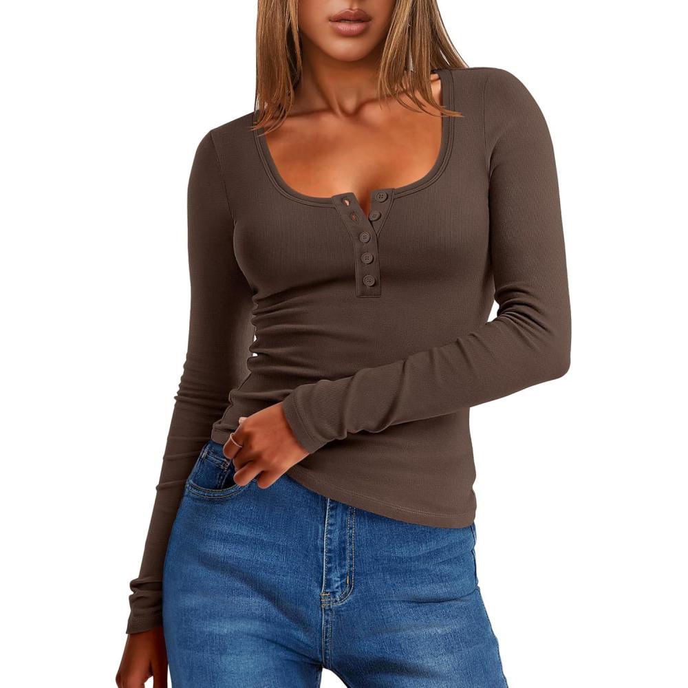 imageANRABESS Long Sleeve Henley Shirts for Women Thermal Fleece Tops Knit Fitted Basic TShirts 2025 Fall Winter Warm UndershirtsDark Brown