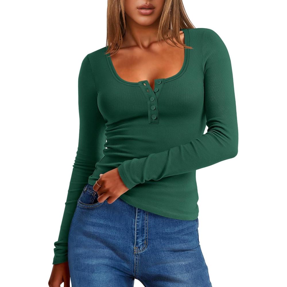 imageANRABESS Long Sleeve Henley Shirts for Women Thermal Fleece Tops Knit Fitted Basic TShirts 2025 Fall Winter Warm UndershirtsForest Green