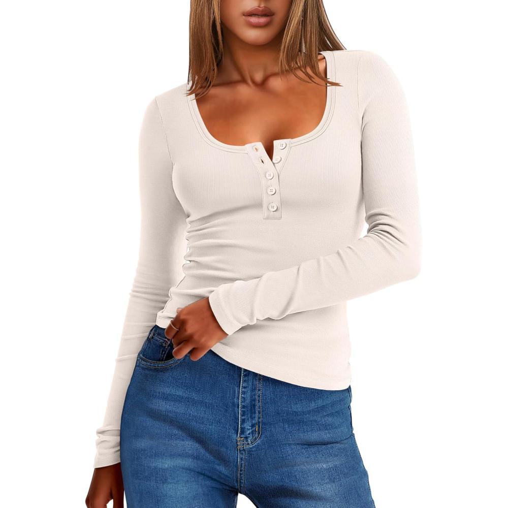 imageANRABESS Long Sleeve Henley Shirts for Women Thermal Fleece Tops Knit Fitted Basic TShirts 2025 Fall Winter Warm UndershirtsParchment