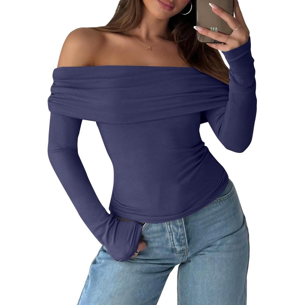 imageANRABESS Long Sleeve Shirt for Women 2025 Fall Off Shoulder Slim Fit Tee Top Sexy Going Out Ruched Blouses Y2K Trendy ClothesNavy Blue
