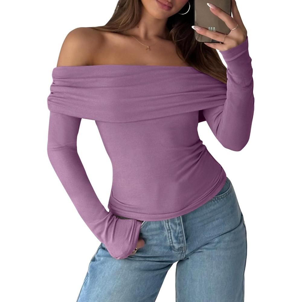 imageANRABESS Long Sleeve Shirt for Women 2025 Fall Off Shoulder Slim Fit Tee Top Sexy Going Out Ruched Blouses Y2K Trendy ClothesPurple