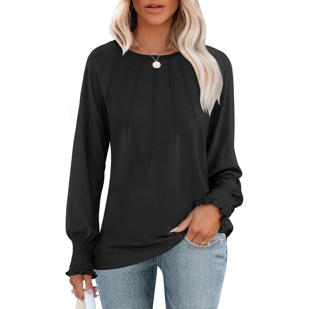 imageANRABESS Long Sleeve Shirts for Women 2025 Fall Dressy Casual Tops Pleated Crewneck Loose Basic Blouses FashionBlack