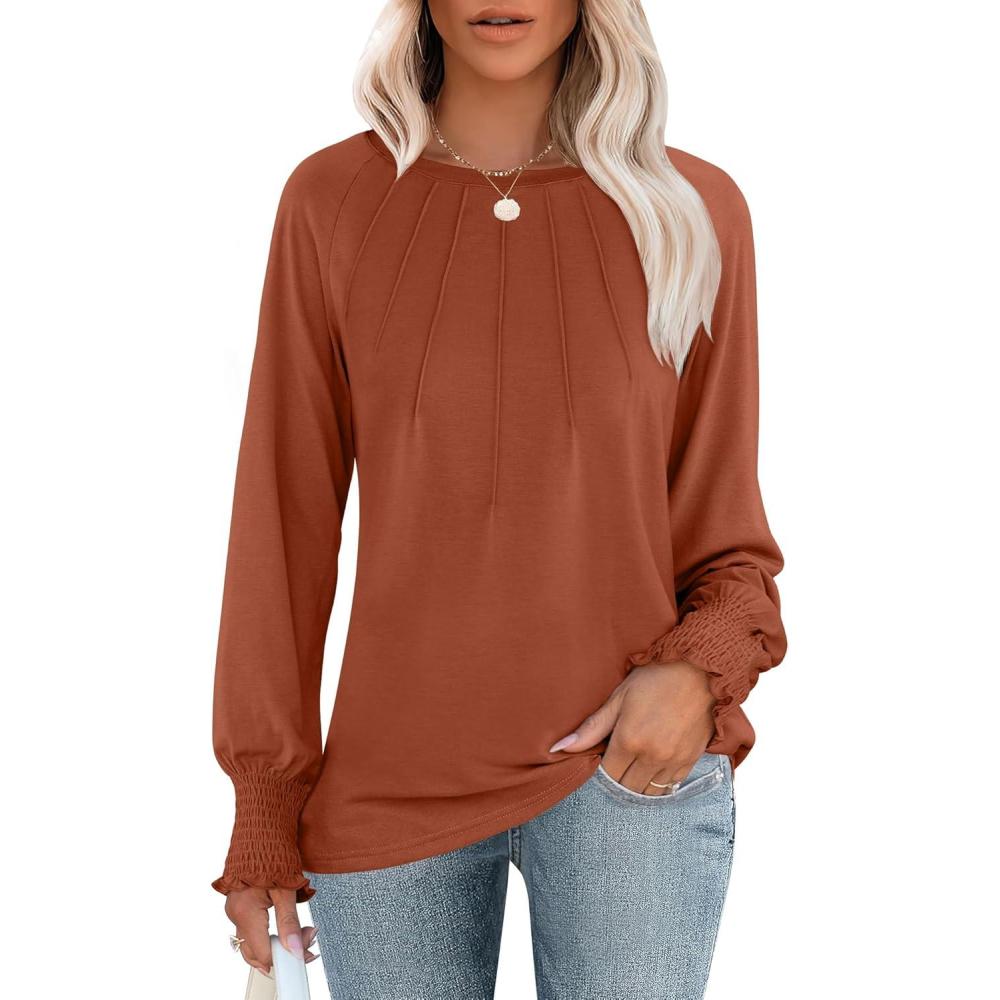 imageANRABESS Long Sleeve Shirts for Women 2025 Fall Dressy Casual Tops Pleated Crewneck Loose Basic Blouses FashionBrown