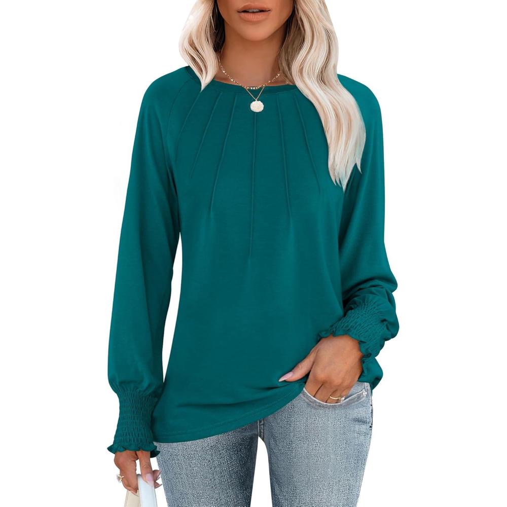 imageANRABESS Long Sleeve Shirts for Women 2025 Fall Dressy Casual Tops Pleated Crewneck Loose Basic Blouses FashionMidnight Green