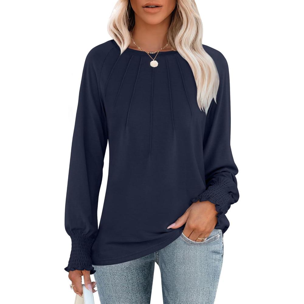imageANRABESS Long Sleeve Shirts for Women 2025 Fall Dressy Casual Tops Pleated Crewneck Loose Basic Blouses FashionNavy Blue