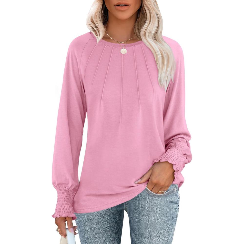 imageANRABESS Long Sleeve Shirts for Women 2025 Fall Dressy Casual Tops Pleated Crewneck Loose Basic Blouses FashionPink