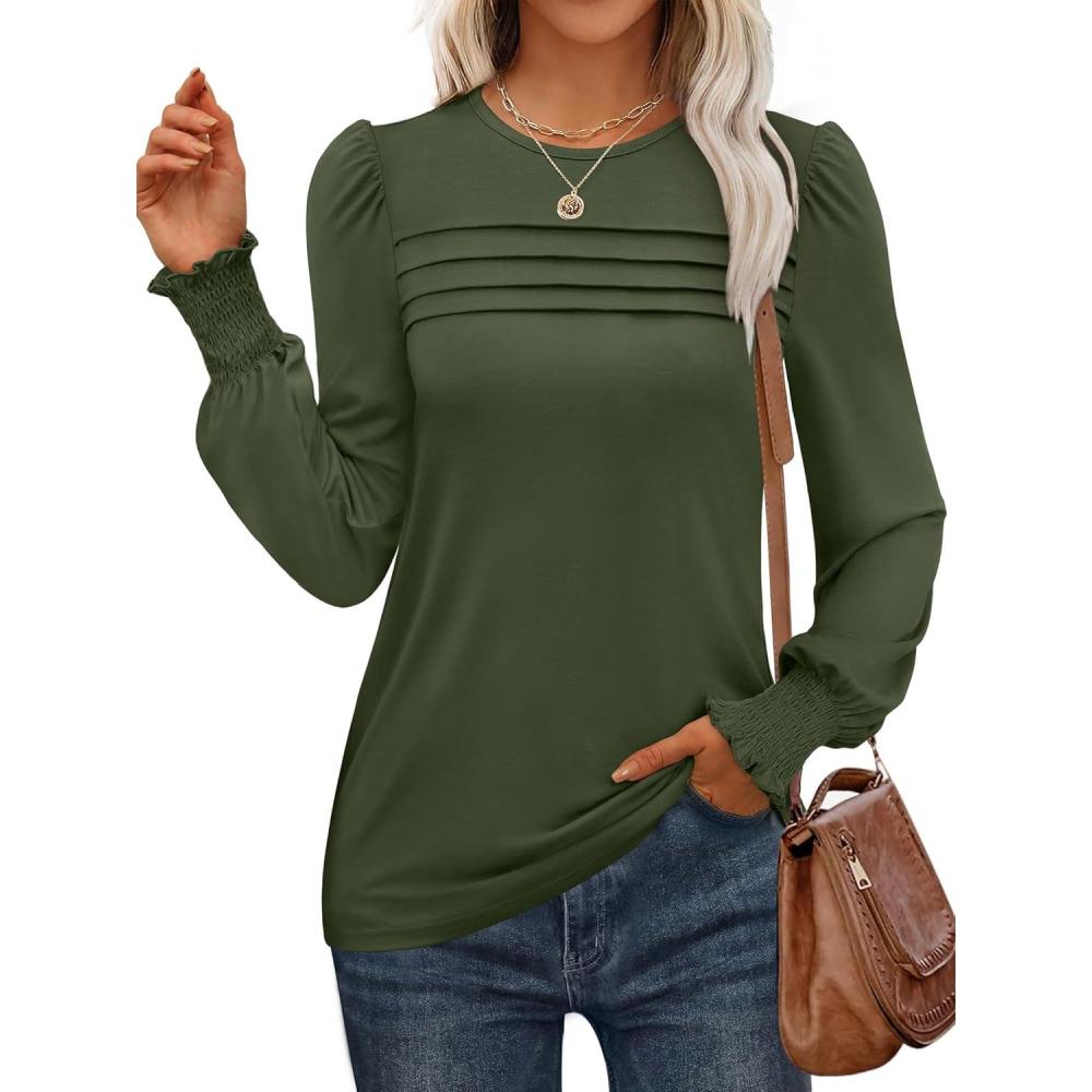 imageANRABESS Long Sleeve Shirts for Women Fall Fashion 2025 Dressy Casual Blouses Trendy Pleated Tunic Tops OutfitsArmy Green