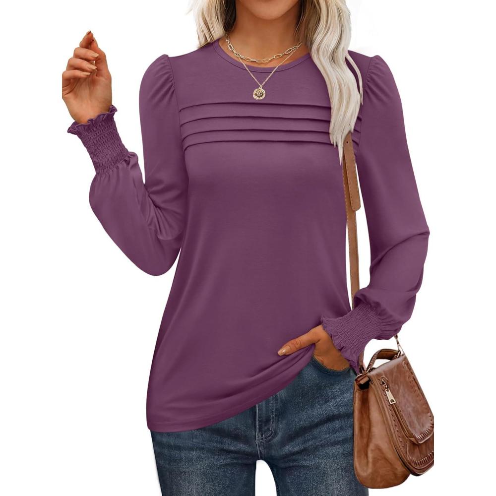 imageANRABESS Long Sleeve Shirts for Women Fall Fashion 2025 Dressy Casual Blouses Trendy Pleated Tunic Tops OutfitsFuchsia