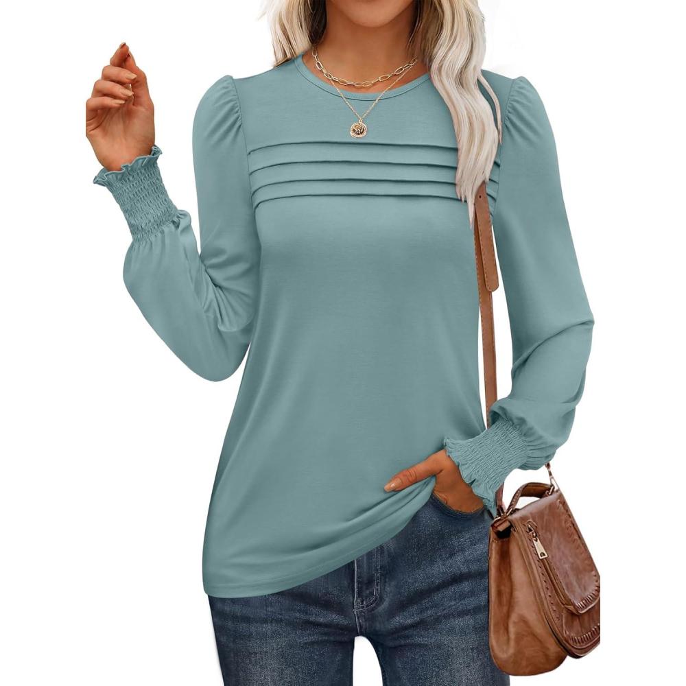 imageANRABESS Long Sleeve Shirts for Women Fall Fashion 2025 Dressy Casual Blouses Trendy Pleated Tunic Tops OutfitsGreen Blue