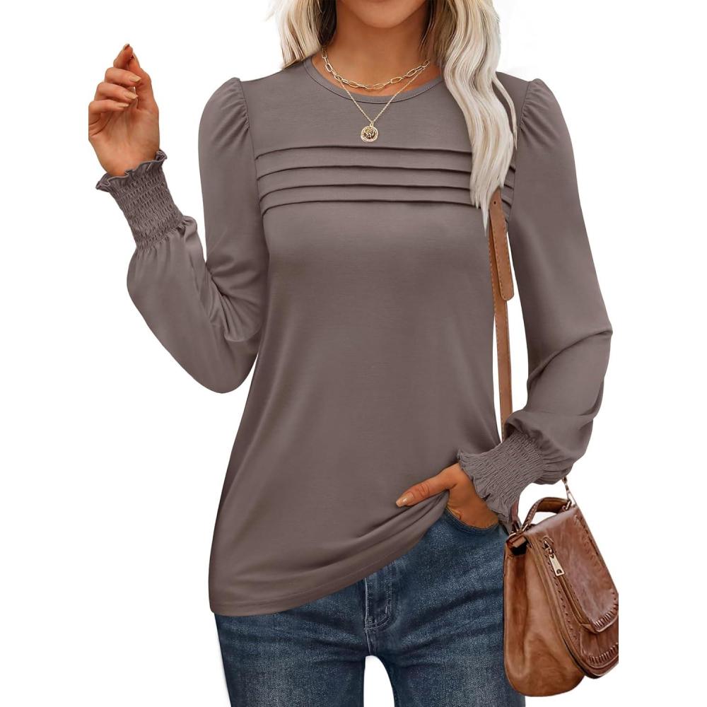 imageANRABESS Long Sleeve Shirts for Women Fall Fashion 2025 Dressy Casual Blouses Trendy Pleated Tunic Tops OutfitsKhaki