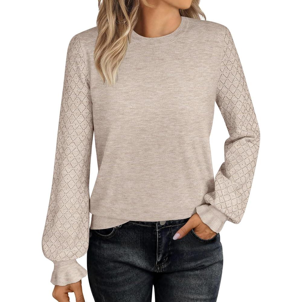 imageANRABESS Sweaters for Women Lace Long Sleeve Tops 2025 Fall Dressy Casual Business Knitted Pullover Shirts Puff Cuffs OutfitsAlmond